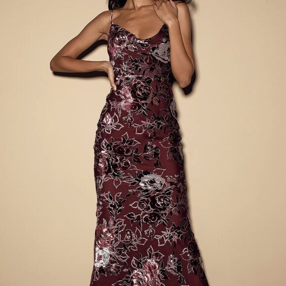 NWT Lulus Embrace Me Burgundy Floral Velvet Cowl Neck Maxi Slip Dress​ - Picture 3 of 8